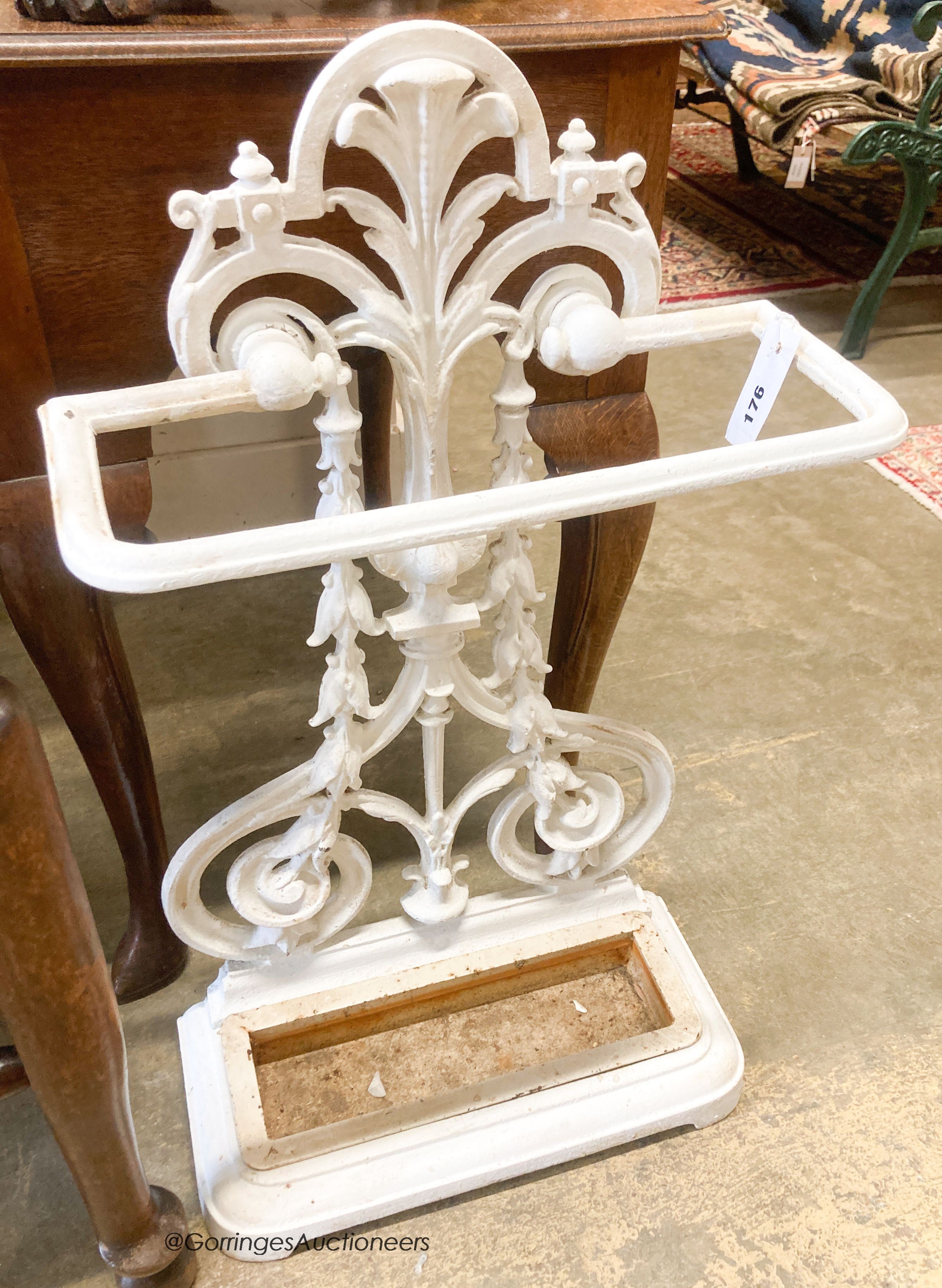 A Victorian painted cast iron stickstand, width 40cm, height 71cm